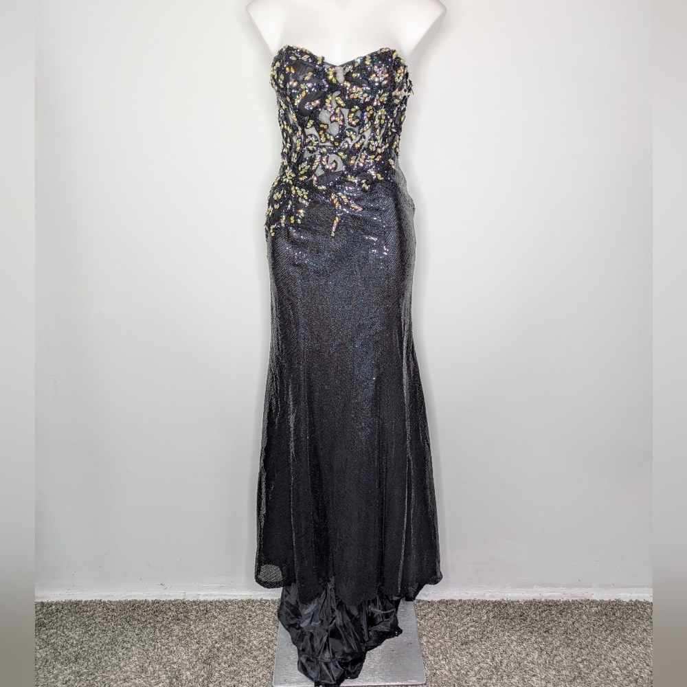 Jasz Couture Black Rhinestone Sequin Embellished Strapless Prom Evening Gown 6